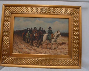 Napoleon Army Oil Painting – Vintage Military Scene, Ornate Gold Frame