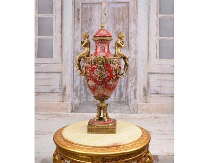 Red Large Vase with Nymphs - Amazing Porcelain Vase with Bronze Ornaments - Floral Design - Home Decor - Premium Gift for Wedding