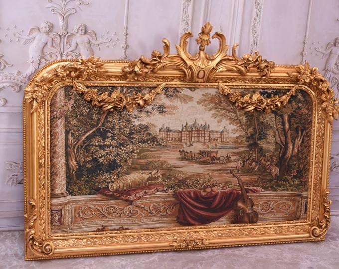 Vintage French Military Tapestry – Baroque Framed Gobelin, Large Wall Art