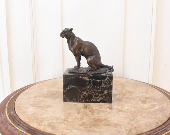 Vintage Bronze Cougar Sculpture: Marble Base Animal Figurine