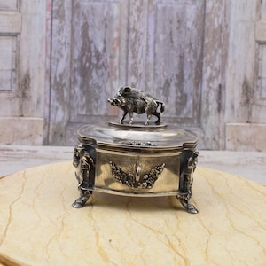 Large Antique Silver Sugar Box - Hunting Sugar Bowl BOAR 735gram- Imperial Russia Silver 84 - Tsar Silver - Collector Item - Gift Home Decor