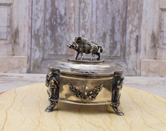 Large Antique Silver Sugar Box - Hunting Sugar Bowl BOAR 735gram- Imperial Russia Silver 84 - Tsar Silver - Collector Item - Gift Home Decor