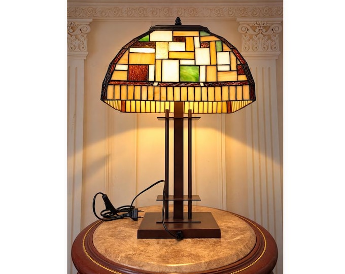 Art Deco  Table Lamp - Mission Stained Glass Desk Lamp - Geometric Vintage Home Lighting