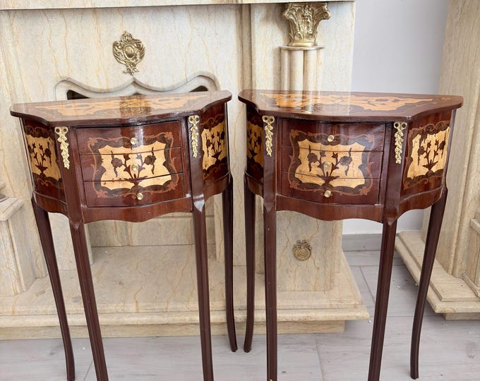 French Louis XVI Style Commode & Night Stand Set – Bronze Ornamented Wooden Tables