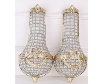 Art Nouveau Crystal Brass Sconces: Polished Lighting Set (50cm)