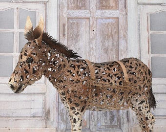 Handmade Recycled Metal Donkey Sculpture - Unique Farm Animal Statue For Home Decor