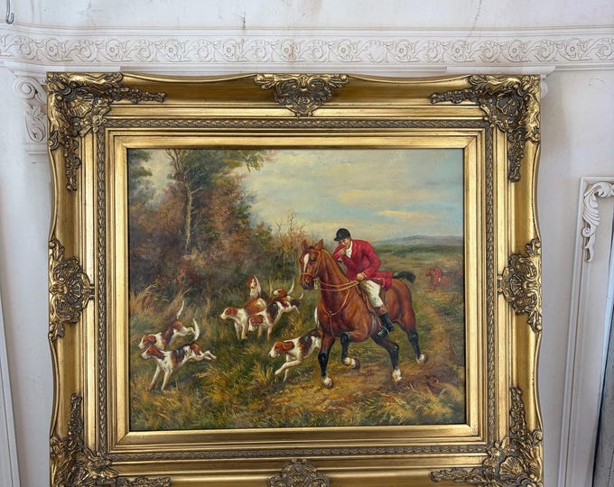 Vintage Hunting Scene Oil Painting on Canvas - Hunter with Pointer Dogs - Ornate Gold Frame - Unique Wall Art