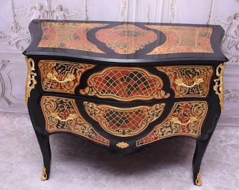 Vintage French Boulle Commode – Black, Red & Gold Chest of Drawers