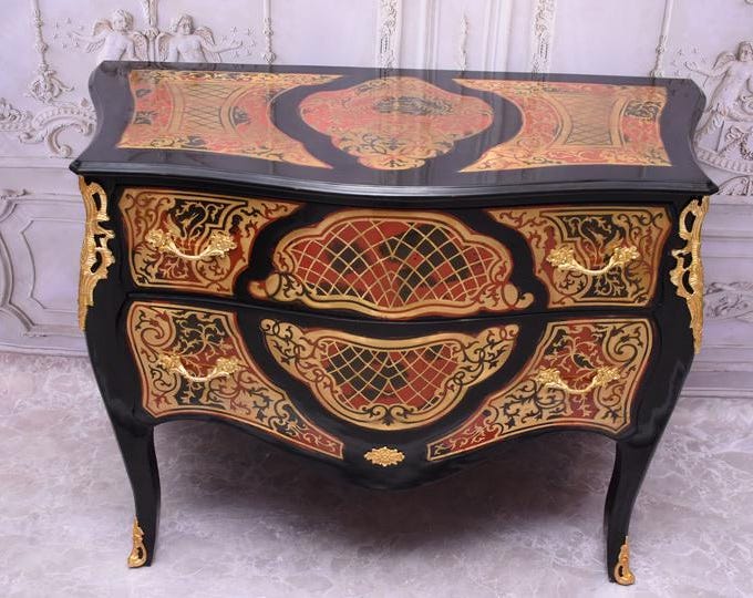 Vintage French Boulle Commode – Black, Red & Gold Chest of Drawers