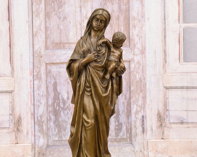 Large Madonna with Jesus, Saint Bronze , Mother of God, Madonna Statue, Vintage Sculpture on Marble Base, Grave Decor, Kitchen Decor