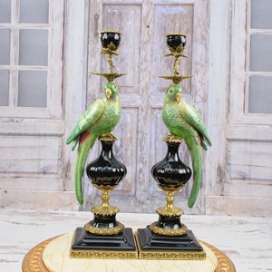 Green Pair Parrots Set Porcelain with Bronze Candlestick, Regency Candlestick, Boho Decor, Green Parrots Statues, Exclusive Porcelain Gift