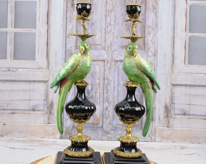 Green Pair Parrots Set Porcelain with Bronze Candlestick, Regency Candlestick, Boho Decor, Green Parrots Statues, Exclusive Porcelain Gift