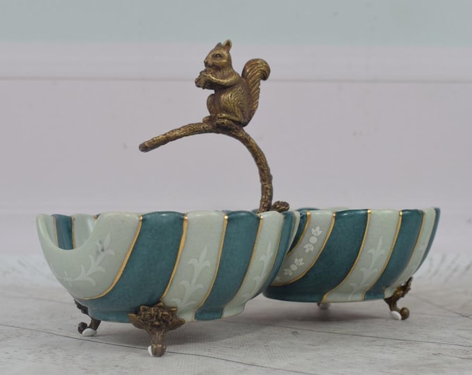 Porcelain Bowl with Bronze Qquirrel - Plateau Porcelain and Bronze Ornaments - Art Nouveau Gift - Home Decor - Gift Idea
