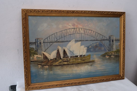 【大型・額縁付き】シドニー・ハーバーブリッジ 風景画 油絵 アート シドニー・オペラハウスの絵画：金色の額縁に入ったオーストラリアの
