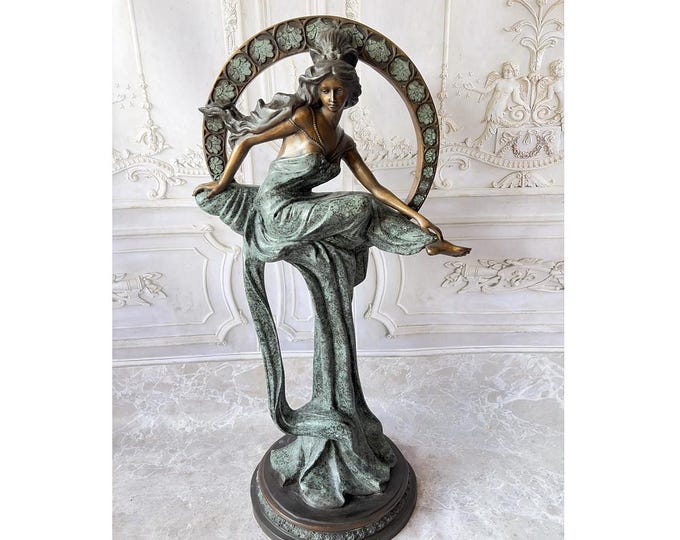 Art Nouveau Bronze Woman Sculpture – Lady on Sphere Statue, Patinated Secession Decor