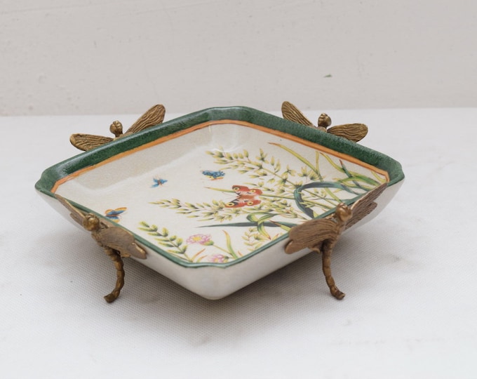 Plateau Four Butterfly Porcelain with Bronze Art Nouveau Ornaments  Vintage Art Deco Gift