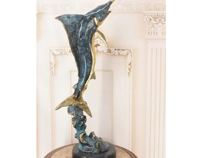 Gilded Bronze Marlin Statue: Painted Sailfish Sculpture on Marble Base (87cm)