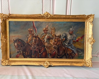 Antique Polish Hussars Oil Painting – Cavalry Battle Scene, Historical Wall Art