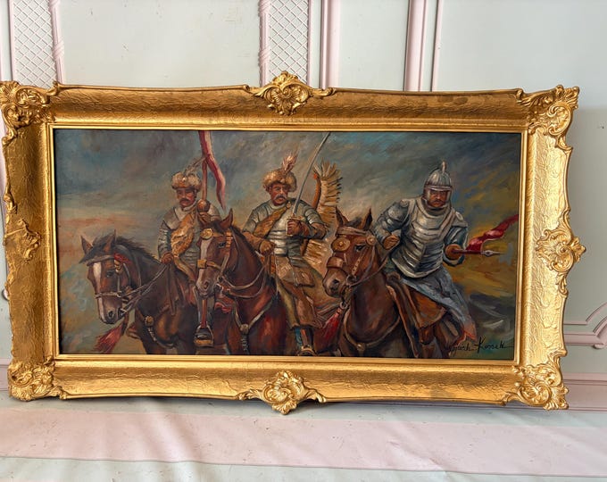 Antique Polish Hussars Oil Painting – Cavalry Battle Scene, Historical Wall Art