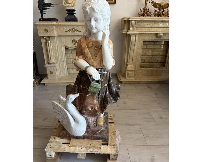 Vintage Marble Girl and Swan Garden Sculpture – Heavy Stone Figurine, Luxury Decor