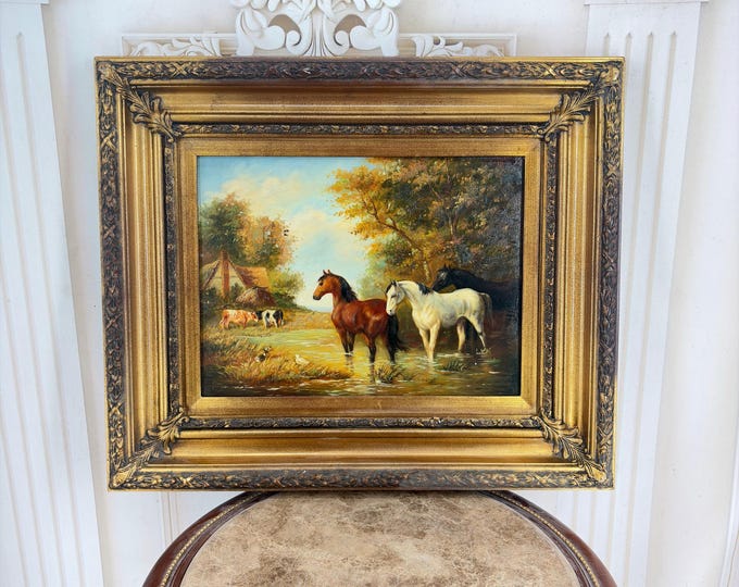 Vintage French Horses Oil Painting – Pastoral Landscape with Gold Frame