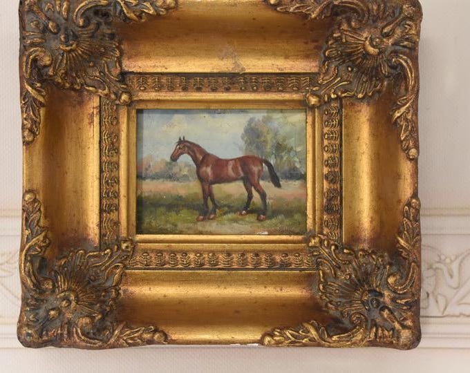Oil Horse Painting - Gold Frame, French Art Wall - Vintage Decor