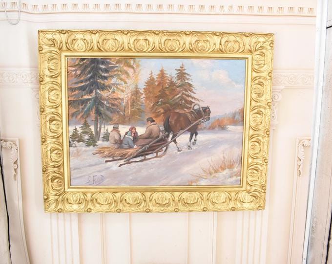 Antique J. Falat Style Winter Hunting Painting – Gold Frame – Vintage Wall Art
