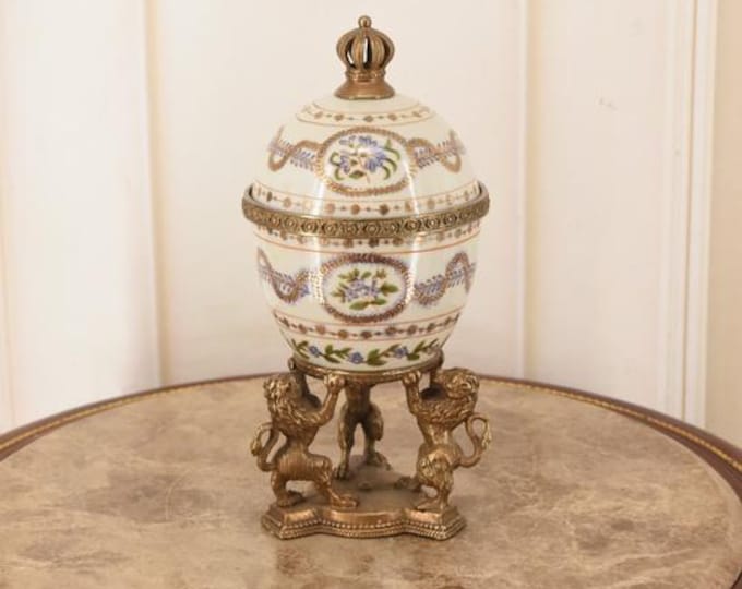 Porcelain Egg Box with Bronze Lions and Floral Ornaments – Regal Home Decor