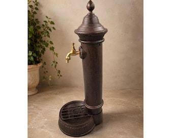 Vintage Brown Aluminum Wall Fountain, Brass Faucet Tap, Outdoor Garden Sink Ornament