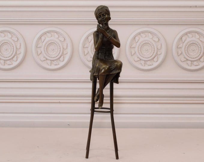 Woman Sitting on a Bar Chair Painting Her Lips - Woman Act Statue - Art Deco Sculpture - Bronze Ornaments - Gift Idea - Home Decor