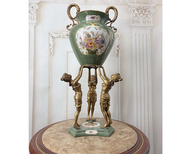 Vintage Green Porcelain Fruit Bowl: Bronze Mounted Amphora Centerpiece