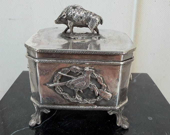 Antique Russian 84 Silver Casket Box | Wild Boar Hunting Scene