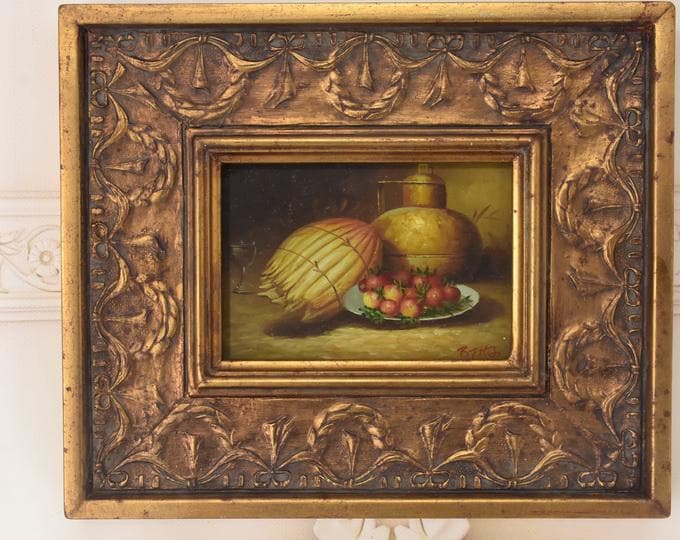 Vintage Fruit Still Life Painting in Golden Frame, Signed