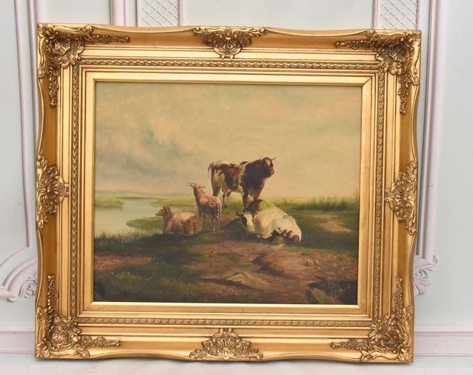Cows on Pasture Oil Painting | Rustic Countryside Farm Scene on Canvas from French Estate | Vintage Wall Art