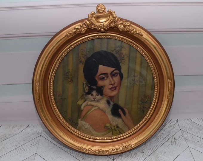 Antique Painting Girl with Cat - Painting on Carton with Old Gold Frame - Mehoffer Style Painting Polish Artist - Wall Decor - Home Decor