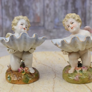 Vintage Porzellan Engel Muschel Schalen Paar - gemalter Engel-Dekor