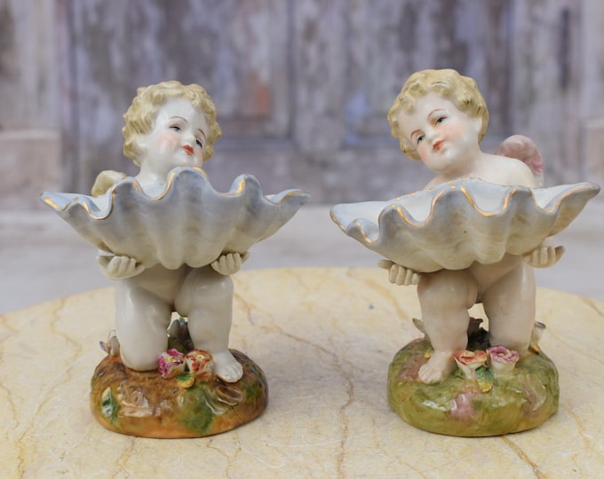 Amazing Pair Porcelain Angels Holding Shells - Porcelain Bowl - Two Angels Porcelain - Vintage Painted Porcelain - Home Decor
