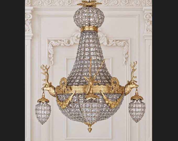 Brass Hunting Chandelier with Deer Heads - Decorative Glass Ceiling Lamp - Large Stag Motif Chandelier