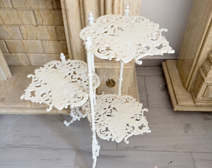 Vintage Cast Iron Flower Stand: White Rustic Home Decor