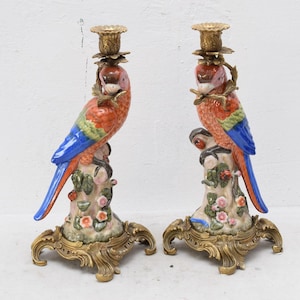 Pair Candlesticks Porcelain with Bronze Ornaments - Parrots on Branch Porcelain - Art Work Candleholder Parrot - Art Deco Gift - Home Deccor