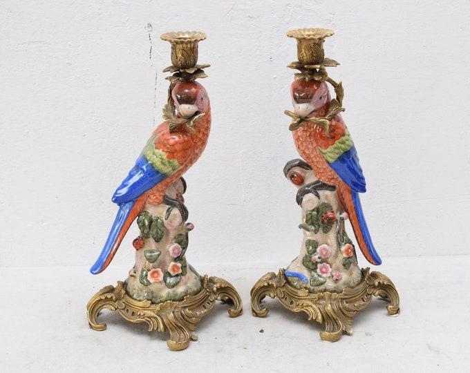 Pair Candlesticks Porcelain with Bronze Ornaments - Parrots on Branch Porcelain - Art Work Candleholder Parrot - Art Deco Gift - Home Deccor