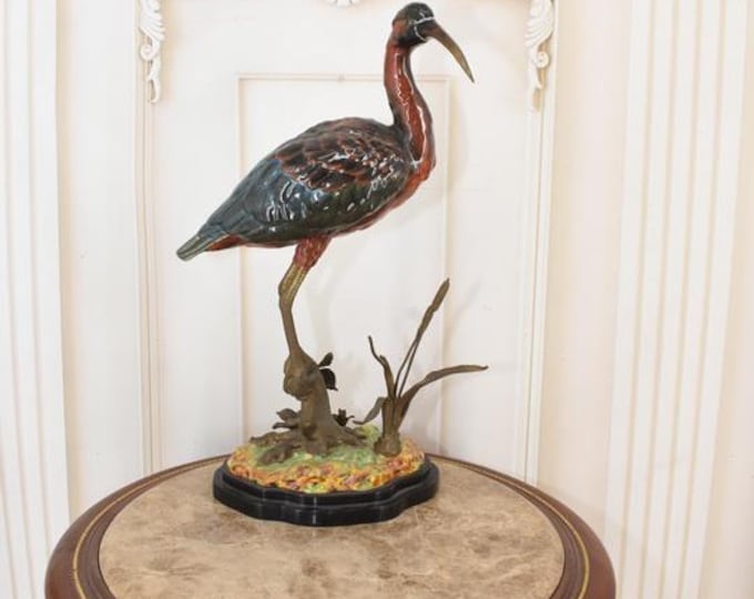 Porcelain Heron Bronze Mounted Statue – Antique Porcelain Heron – Bronze Ornaments – Elegant Home Decor – Unique Vintage Figure