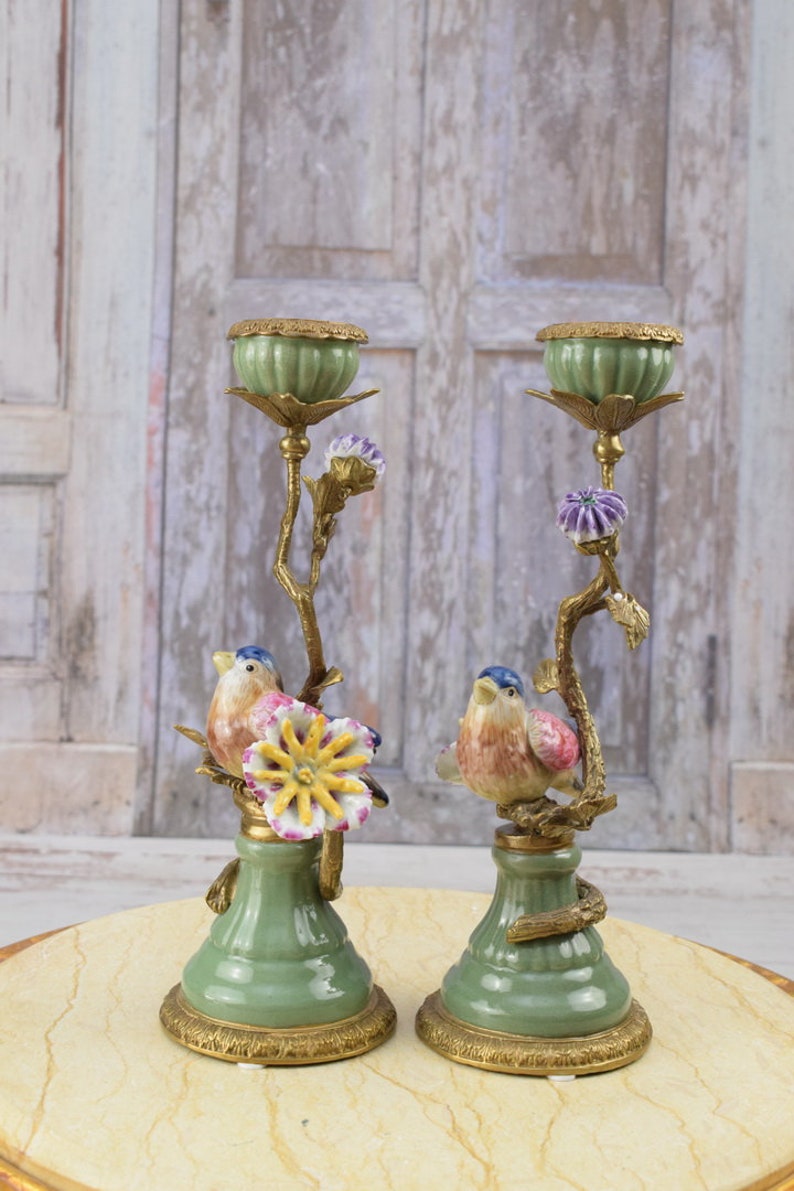 Pair Porcelain Candlesticks Bronze Ornaments Birds on a Branch Home Decor Unique Gift for Wedding Antique Candleholders image 9