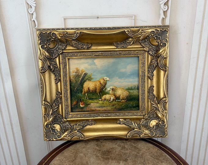 Sheep Family Painting – Pastoral Art in Golden Frame