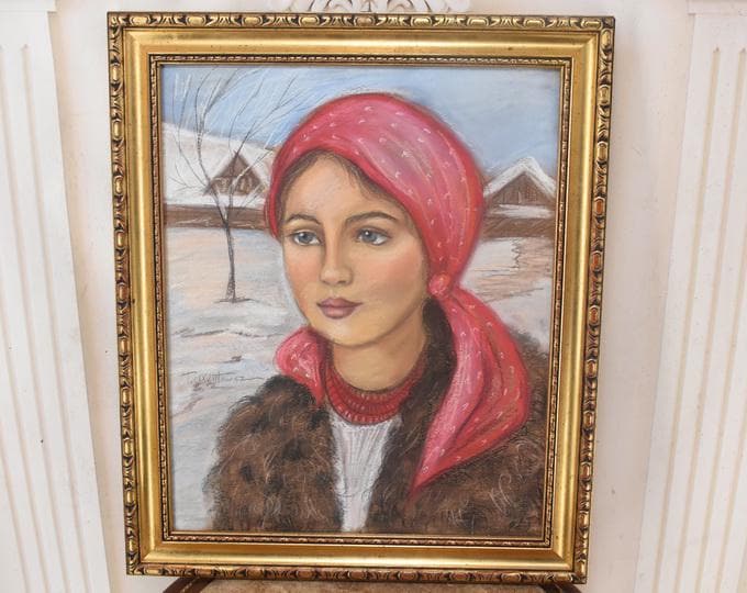 Antique Polish Pastel – Woman with Hyrax – Mountain Scene – Zakopane Style – Polish Art on Cardboard