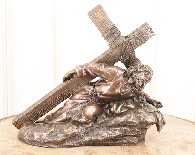Bronze-Tone Jesus Fallen Under Cross Sculpture – Stations of the Cross Art