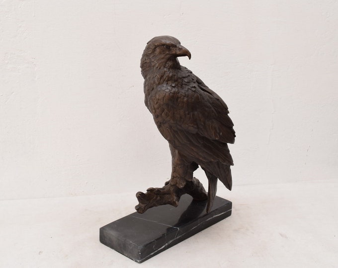 Large Eagle bronze statue - realistic bronze buzzard figurine on marble base - Sculpture Animal Gift Idea -