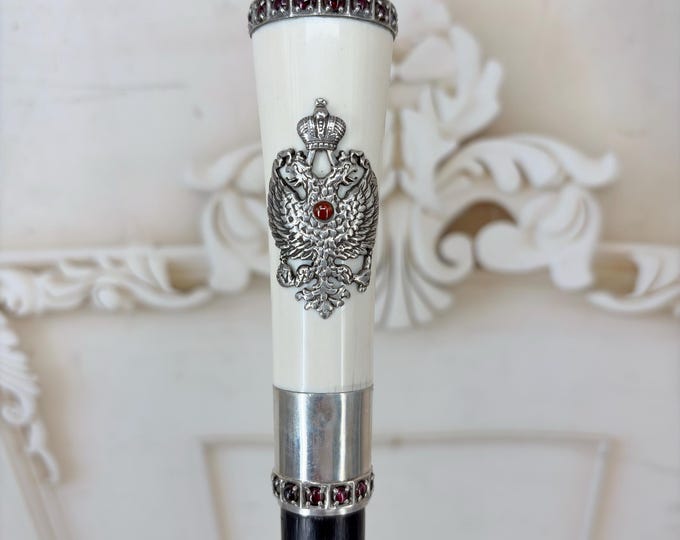 Amazing Russian 84 Silver Walking Stick – Imperial Coat of Arms Cane – Tsarist Eagle Top – Unique Collectible Decor