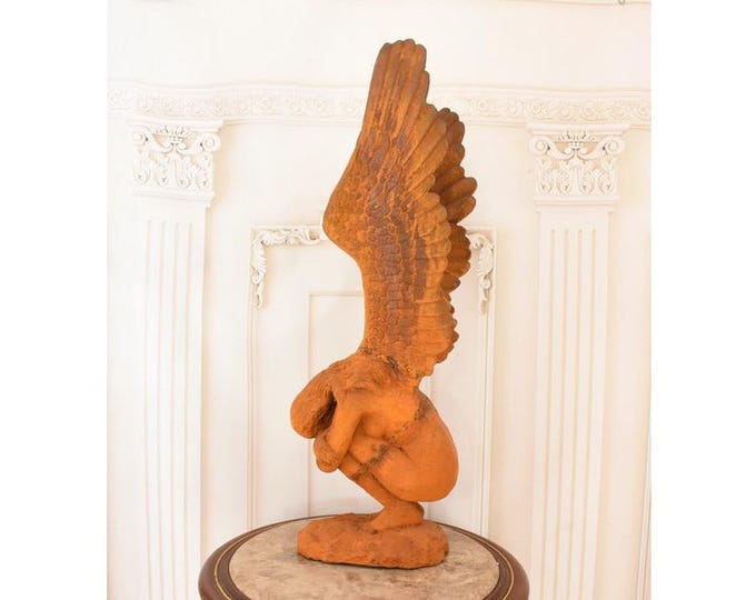 Cast Iron Angel Statue – Rustic Winged Woman Sculpture, Garden Decor
