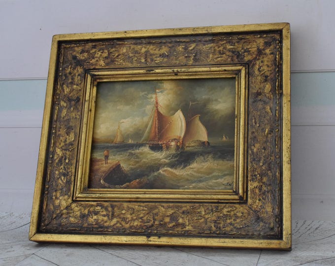 Vintage Painting Boat on Sea - Painting with Gold Frame - Sea Lovers Art - Painting HandMade Wall Decor - Home Decor - Gift Idea